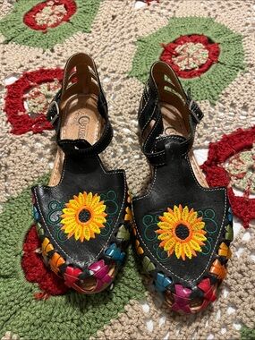 Black Leather Sandals with Embroidered Yellow Sunflowers